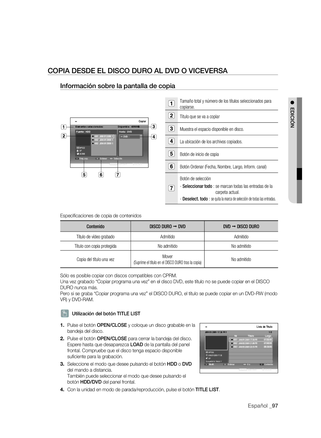 Samsung DVD-SH893A/XEF manual Copia Desde EL Disco Duro AL DVD O Viceversa, Información sobre la pantalla de copia 