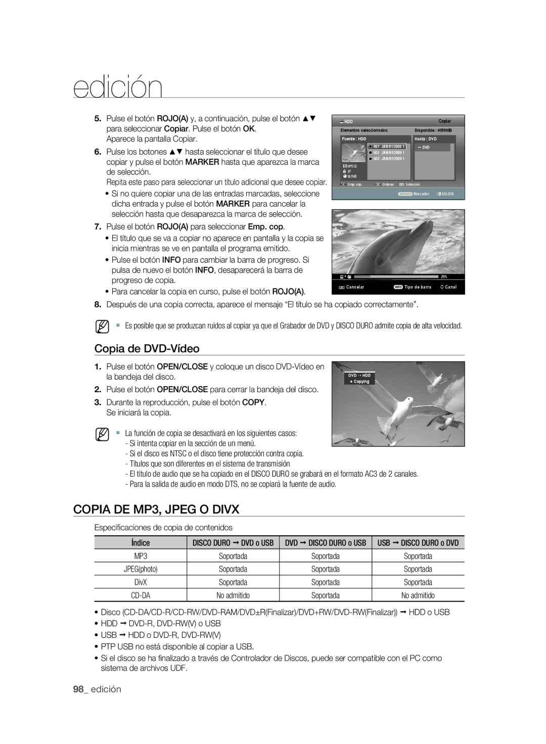 Samsung DVD-SH893A/XEC, DVD-SH895A/XEF, DVD-SH893A/XEF Copia DE MP3, Jpeg O Divx, Copia de DVD-Vídeo, La bandeja del disco 