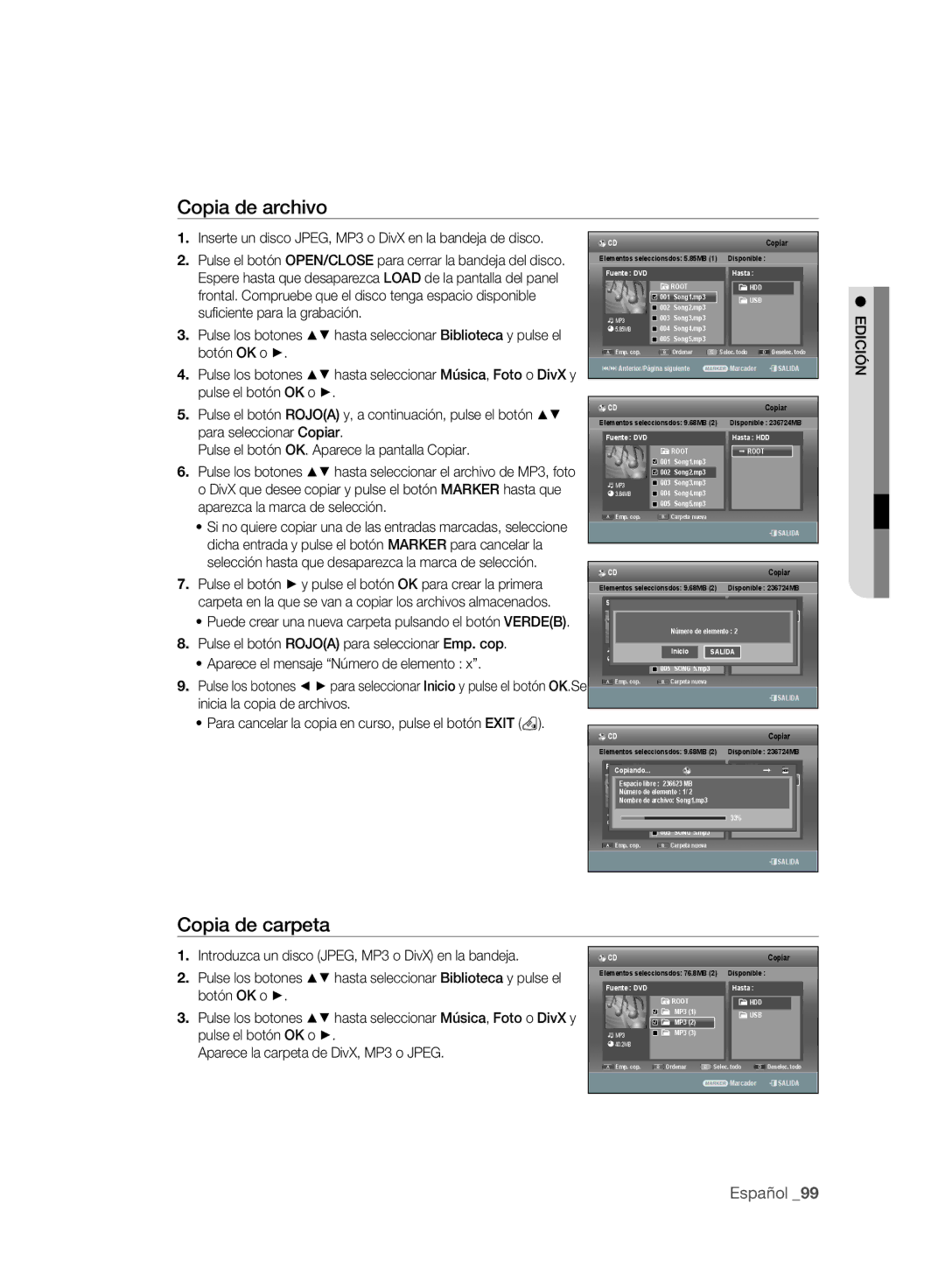 Samsung DVD-SH895A/XEC Copia de archivo, Copia de carpeta, Pulse el botón OK o Aparece la carpeta de DivX, MP3 o Jpeg 