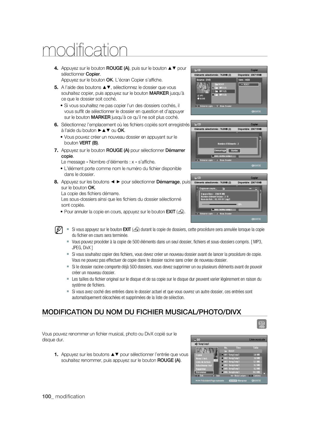 Samsung DVD-SH893A/XEF, DVD-SH895A/XEF Modification DU NOM DU Fichier MUSICAL/PHOTO/DIVX, Sélectionnez le dossier que vous 