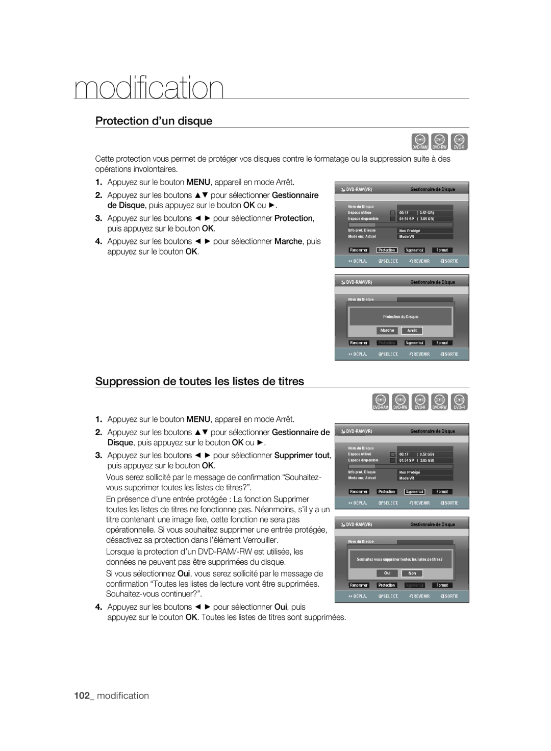 Samsung DVD-SH895A/XEF, DVD-SH893A/XEF, DVD-SH897A/XEF Protection d’un disque, Suppression de toutes les listes de titres 