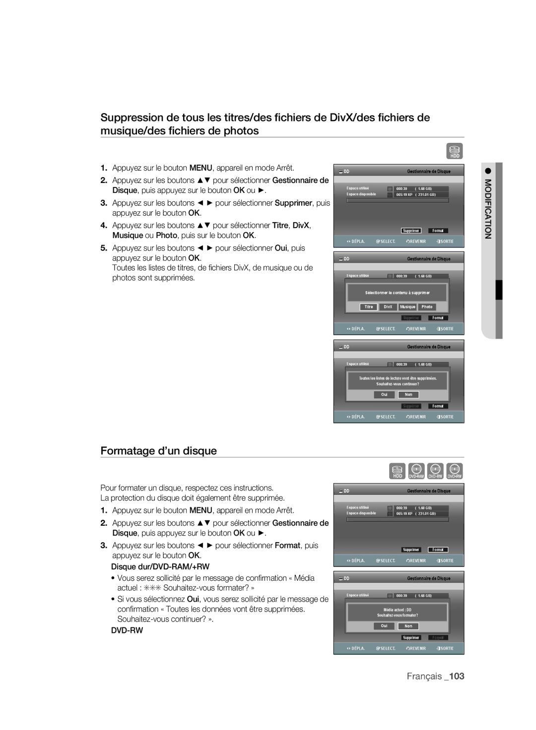 Samsung DVD-SH893A/XEF, DVD-SH895A/XEF, DVD-SH897A/XEF manual Formatage d’un disque, Dvd-Rw 