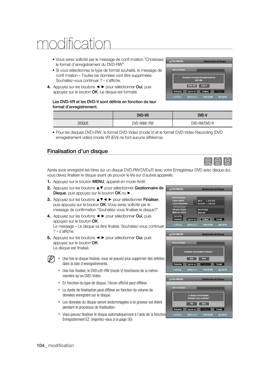 Samsung DVD-SH897A/XEF, DVD-SH895A/XEF Finalisation d’un disque, DVD-VR Disque, Disque, puis appuyez sur le bouton OK ou 