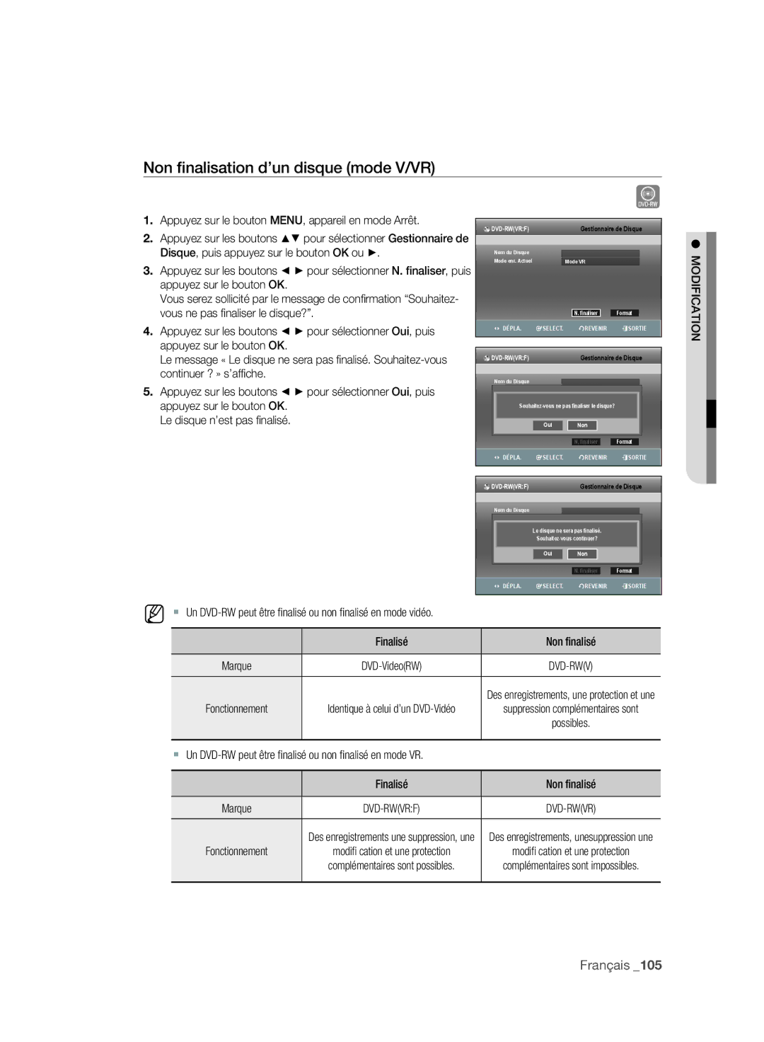 Samsung DVD-SH895A/XEF, DVD-SH893A/XEF, DVD-SH897A/XEF manual Non ﬁnalisation d’un disque mode V/VR 