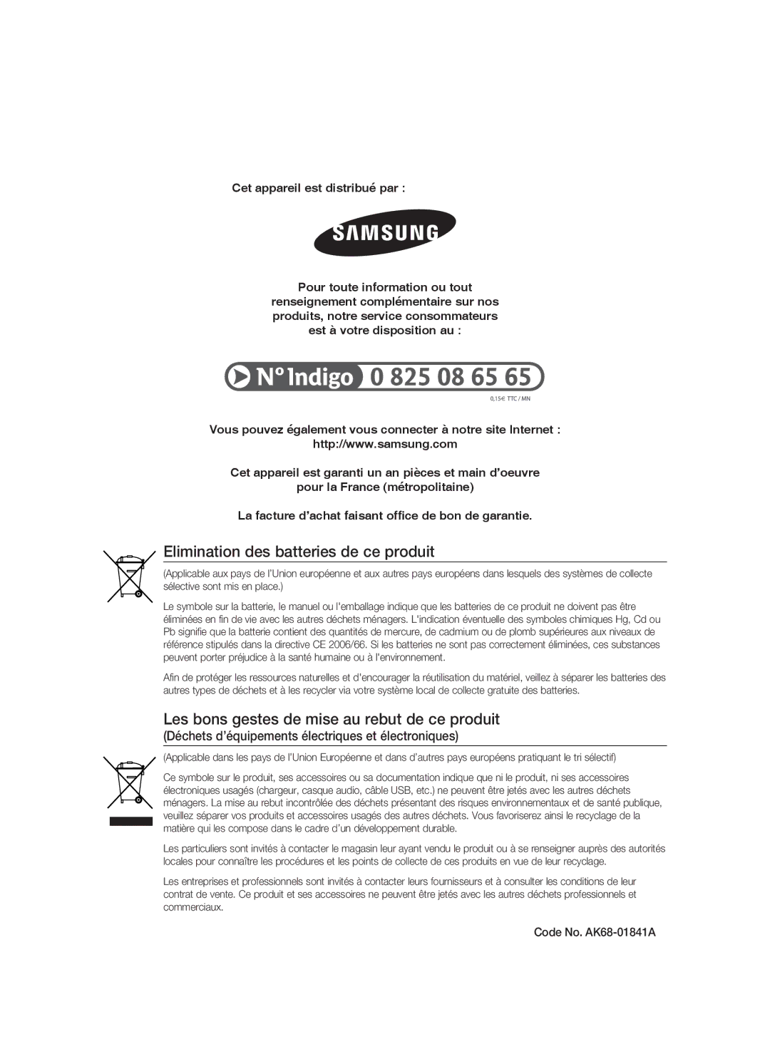 Samsung DVD-SH895A/XEF manual Elimination des batteries de ce produit, Les bons gestes de mise au rebut de ce produit 