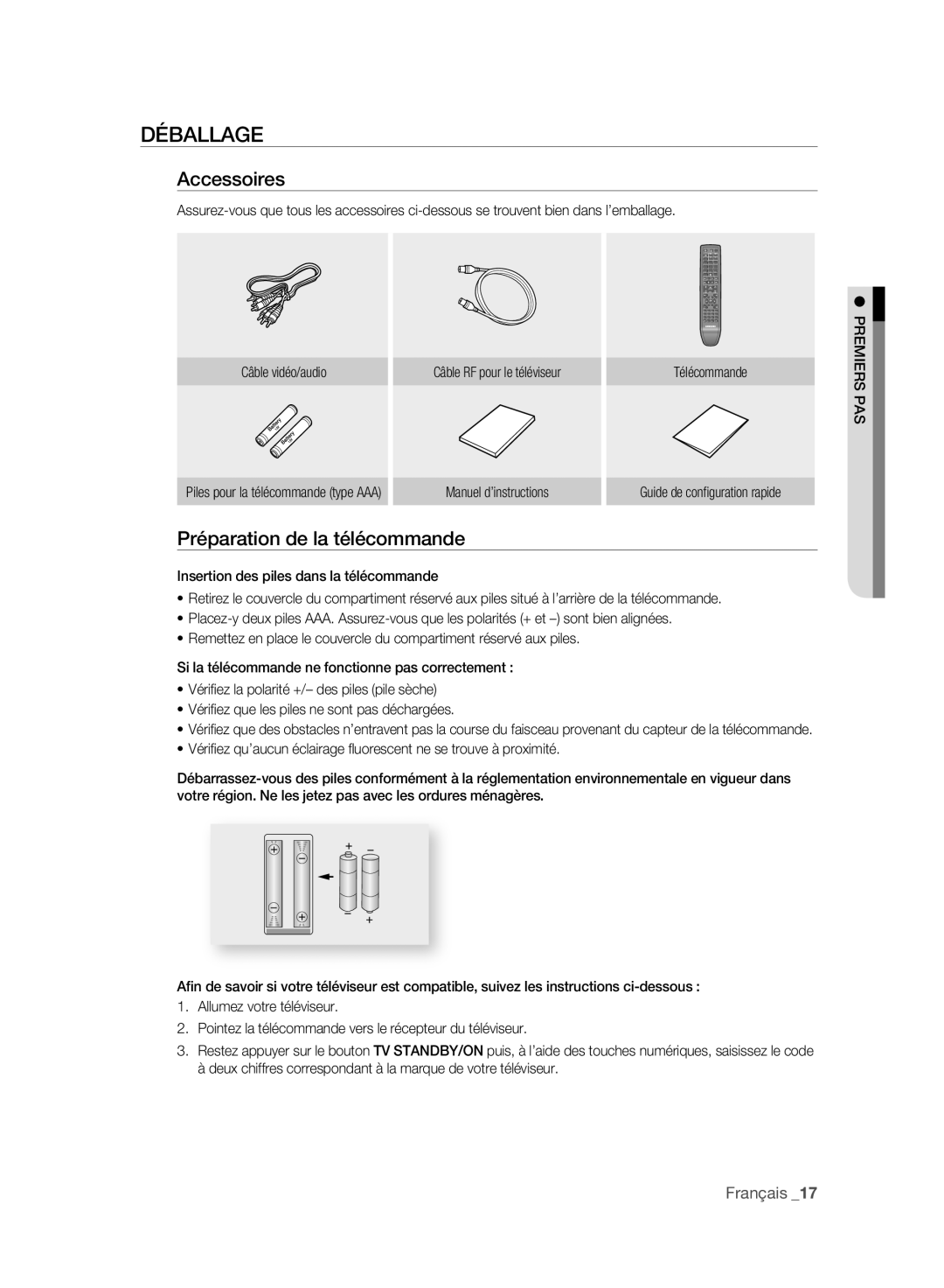 Samsung DVD-SH897A/XEF, DVD-SH895A/XEF manual Déballage, Accessoires, Préparation de la télécommande, Manuel d’instructions 