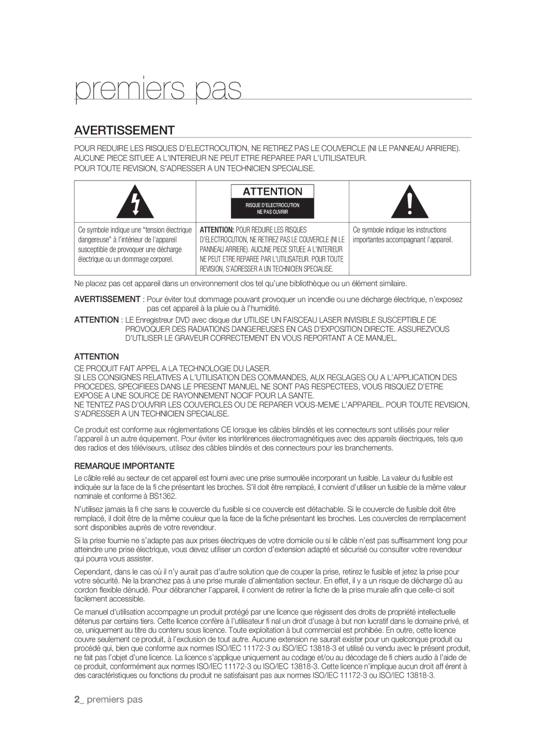 Samsung DVD-SH897A/XEF, DVD-SH895A/XEF, DVD-SH893A/XEF manual Avertissement, Remarque Importante 