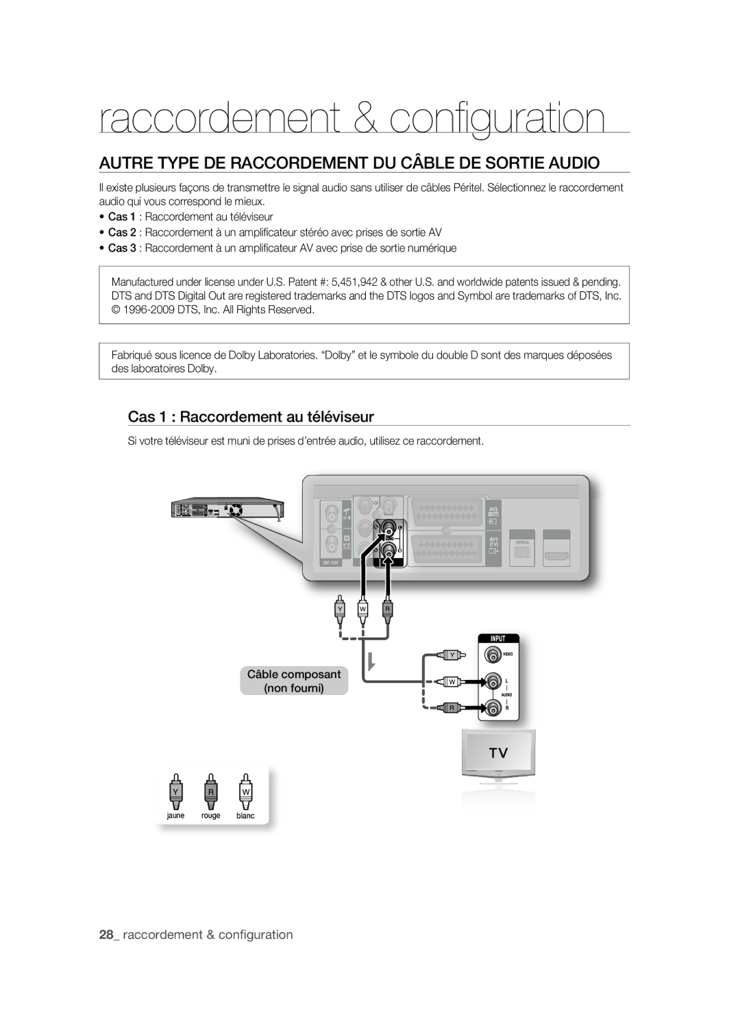 Samsung DVD-SH893A/XEF manual Autre Type DE Raccordement DU Câble DE Sortie Audio, Cas 1 Raccordement au téléviseur 