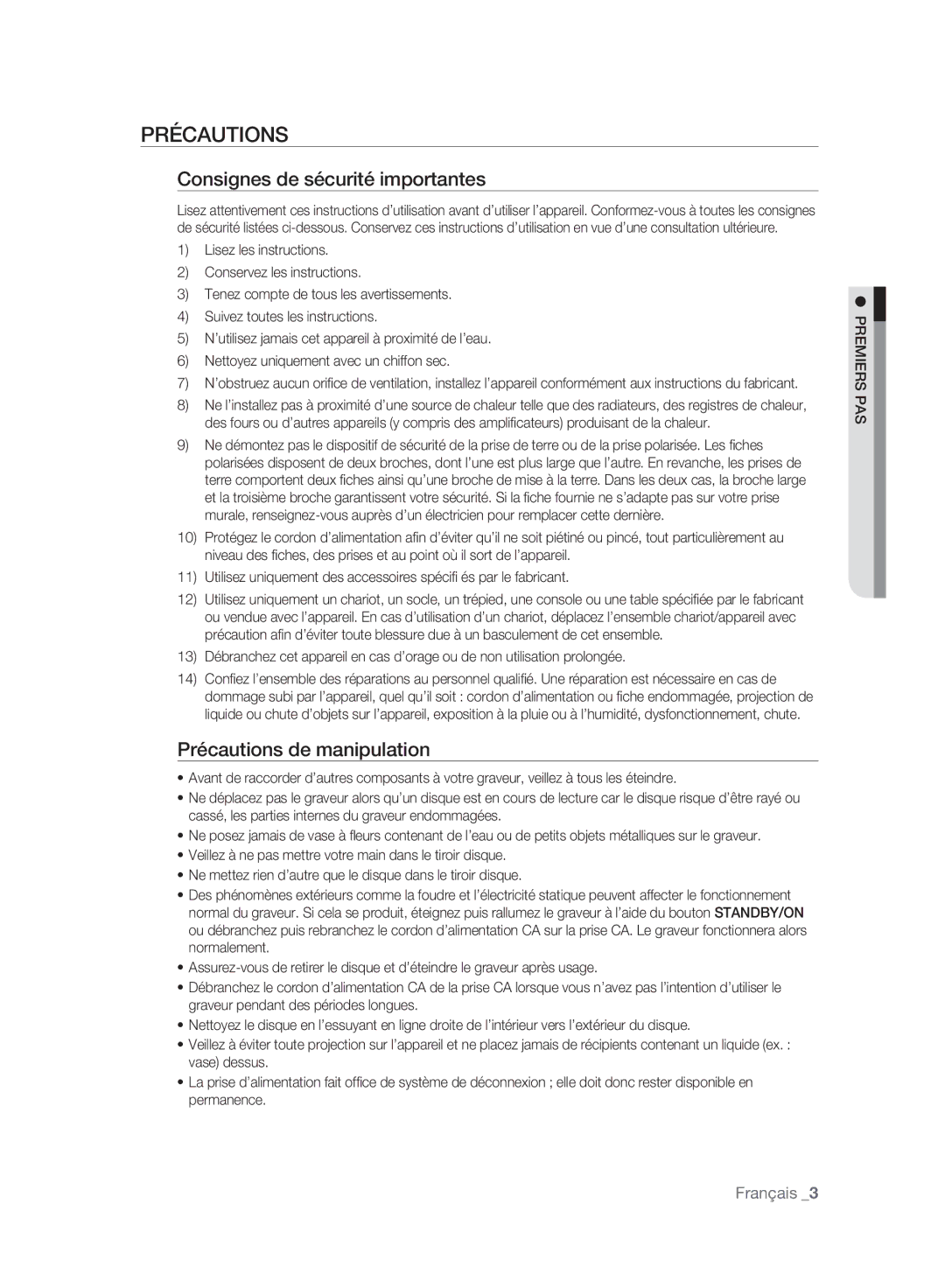 Samsung DVD-SH895A/XEF, DVD-SH893A/XEF Consignes de sécurité importantes, Précautions de manipulation, Premiers PAS 