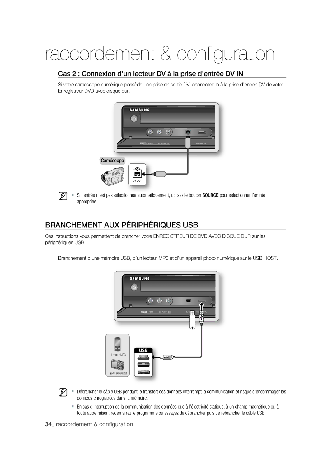 Samsung DVD-SH893A/XEF manual Branchement AUX Périphériques USB, Cas 2 Connexion d’un lecteur DV à la prise d’entrée DV 