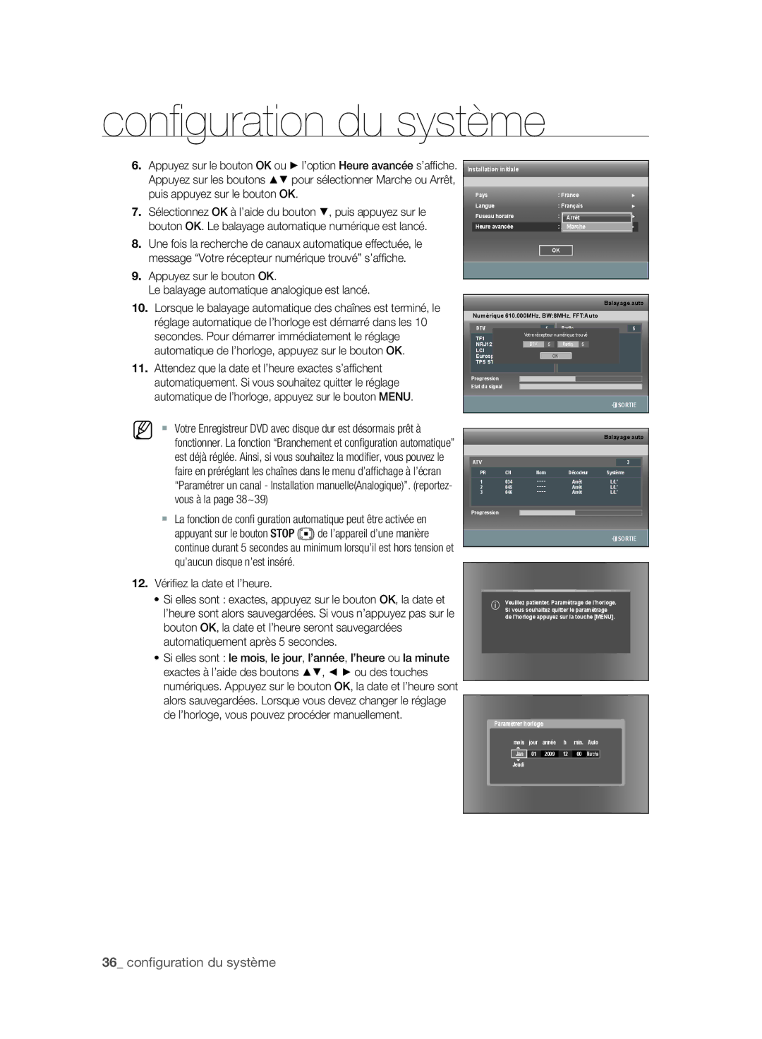 Samsung DVD-SH895A/XEF manual 12. Vériﬁ ez la date et l’heure, Appuyez sur le bouton OK ou l’option Heure avancée s’afﬁ che 