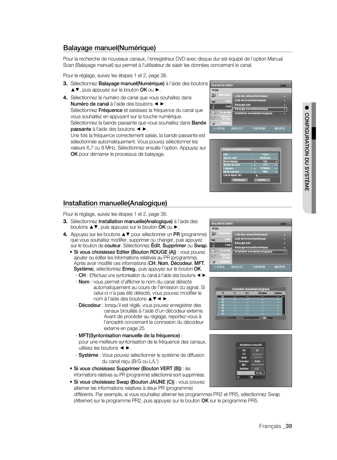 Samsung DVD-SH895A/XEF, DVD-SH893A/XEF, DVD-SH897A/XEF manual Balayage manuelNumérique, Installation manuelleAnalogique 