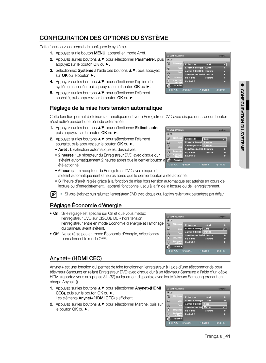 Samsung DVD-SH897A/XEF Configuration DES Options DU Système, Réglage de la mise hors tension automatique, Anynet+ Hdmi CEC 