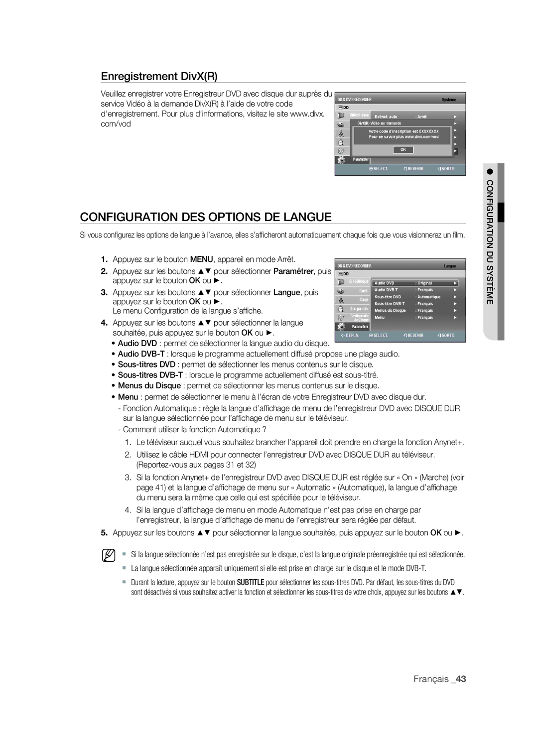 Samsung DVD-SH893A/XEF, DVD-SH895A/XEF, DVD-SH897A/XEF manual Configuration DES Options DE Langue, Enregistrement DivXR 