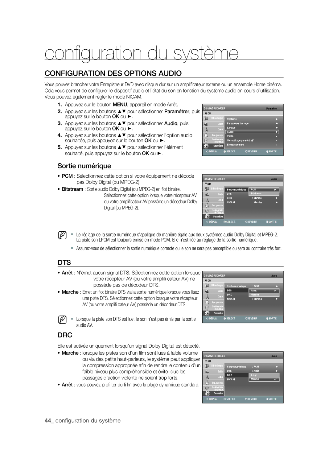 Samsung DVD-SH897A/XEF, DVD-SH895A/XEF, DVD-SH893A/XEF manual Configuration DES Options Audio, Sortie numérique 