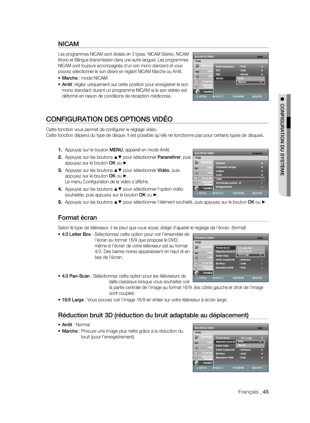 Samsung DVD-SH895A/XEF, DVD-SH893A/XEF Configuration DES Options Vidéo, Appuyez sur le bouton MENU, appareil en mode Arrêt 