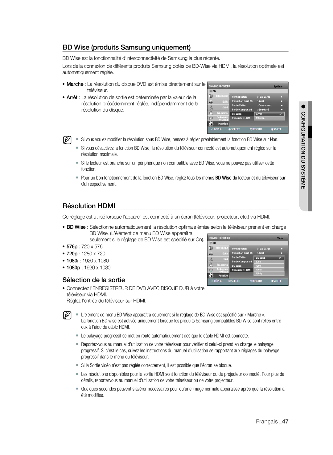 Samsung DVD-SH897A/XEF, DVD-SH895A/XEF, DVD-SH893A/XEF manual BD Wise produits Samsung uniquement, Résolution Hdmi 