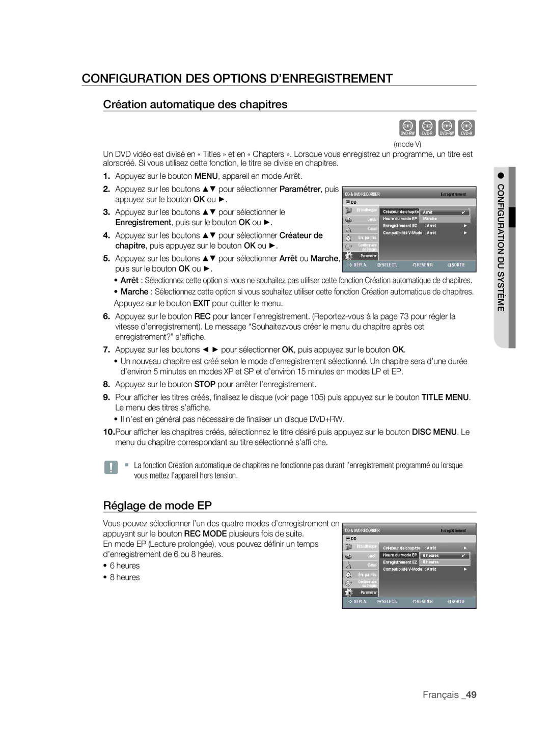 Samsung DVD-SH893A/XEF Configuration DES Options D’ENREGISTREMENT, Création automatique des chapitres, Réglage de mode EP 