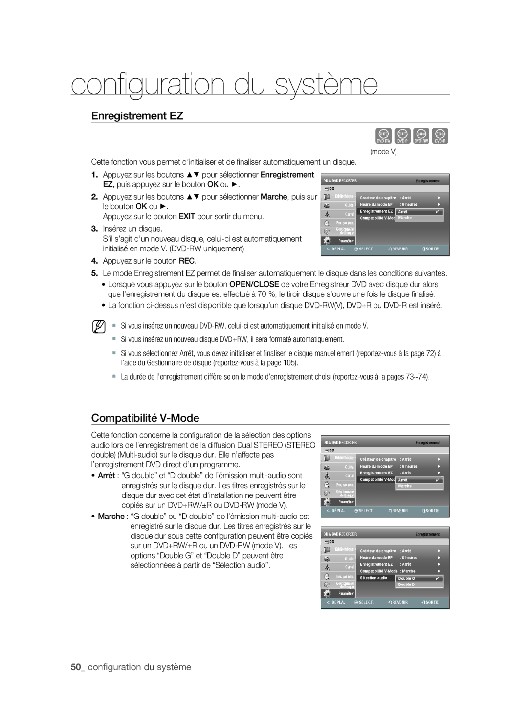 Samsung DVD-SH897A/XEF, DVD-SH895A/XEF, DVD-SH893A/XEF manual Enregistrement EZ, Compatibilité V-Mode 