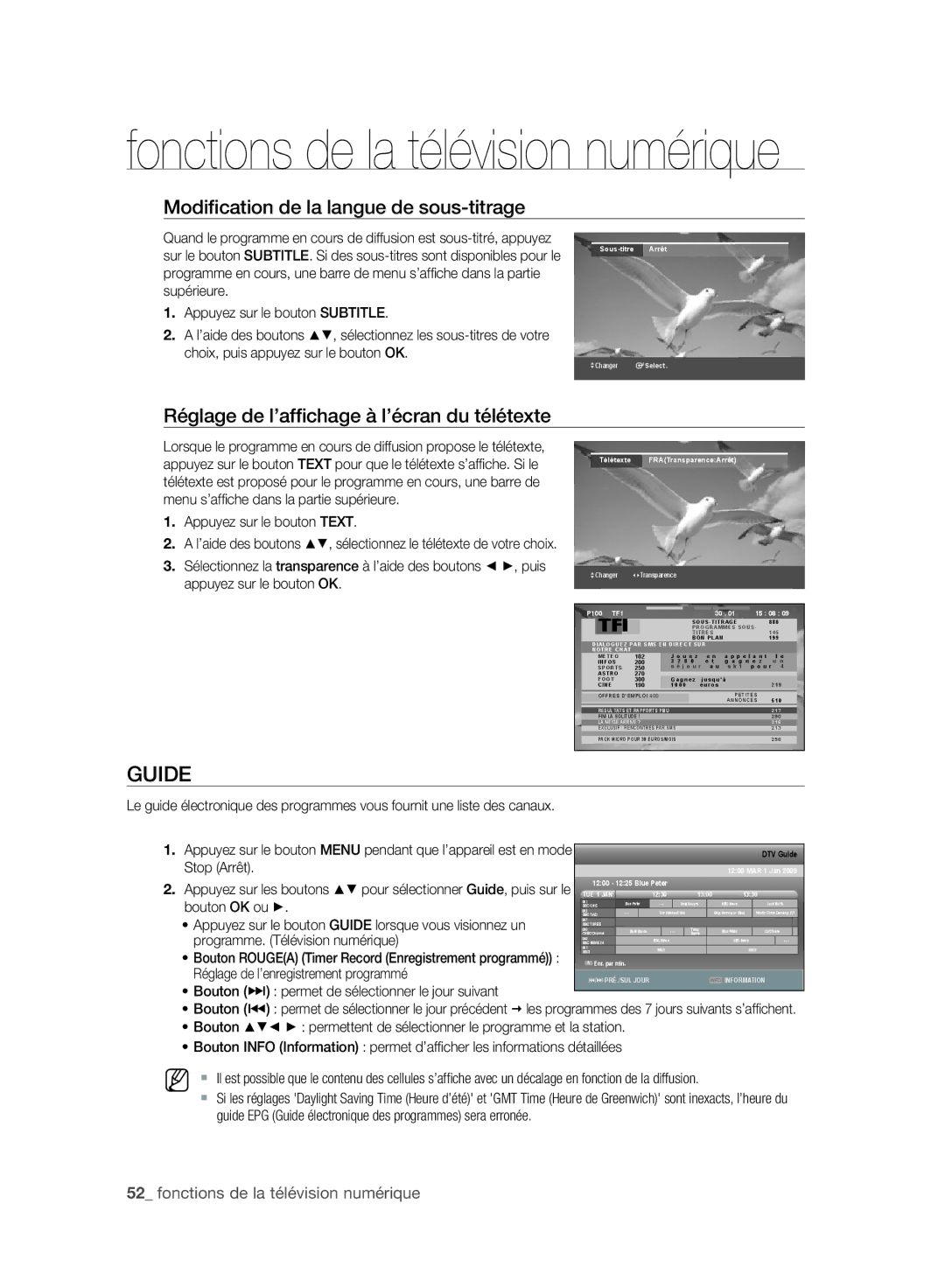 Samsung DVD-SH893A/XEF manual Guide, Modiﬁcation de la langue de sous-titrage, Réglage de l’afﬁchage à l’écran du télétexte 