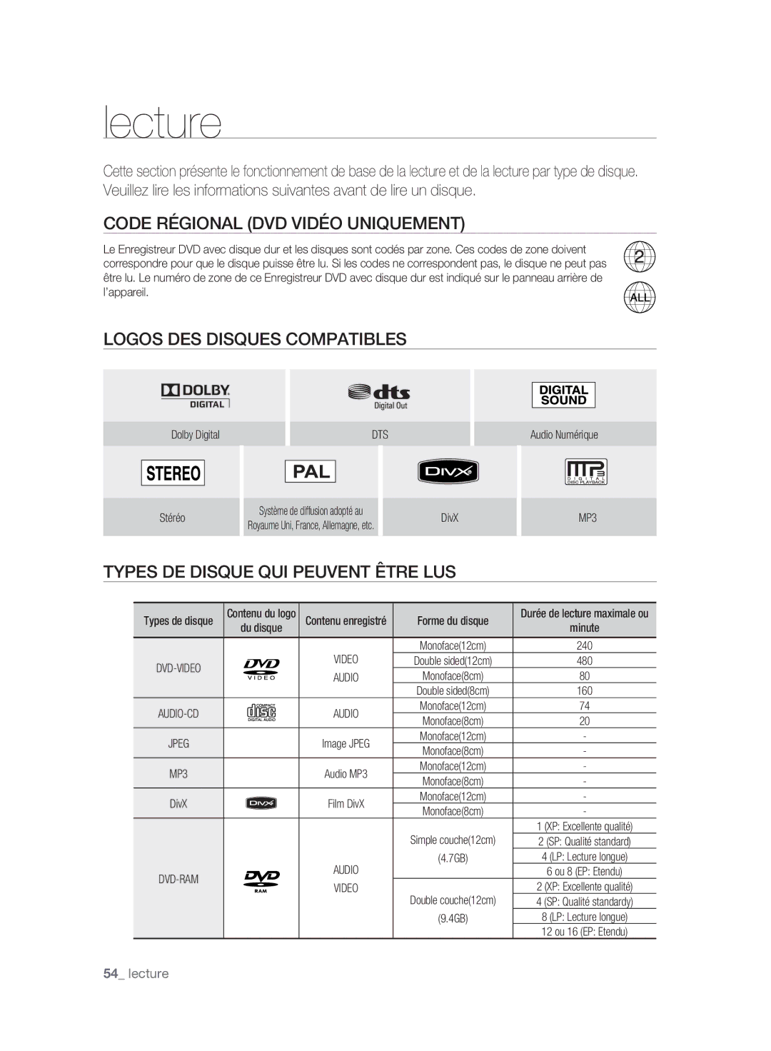 Samsung DVD-SH895A/XEF, DVD-SH893A/XEF manual Code Régional DVD Vidéo Uniquement, Logos DES Disques Compatibles, Dts, Video 