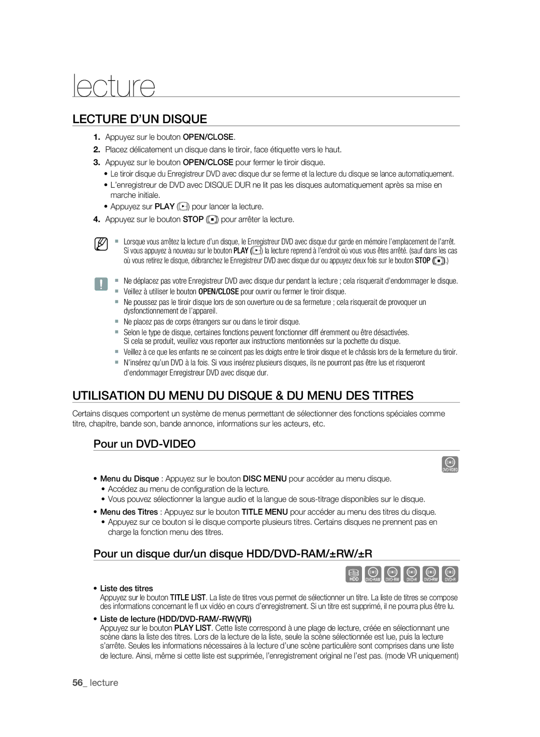 Samsung DVD-SH897A/XEF manual Lecture D’UN Disque, Utilisation DU Menu DU Disque & DU Menu DES Titres, Pour un DVD-VIDEO 