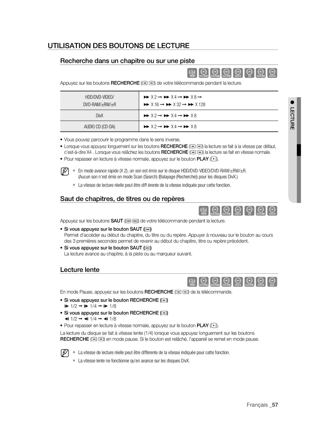 Samsung DVD-SH895A/XEF Utilisation DES Boutons DE Lecture, Recherche dans un chapitre ou sur une piste, Lecture lente 