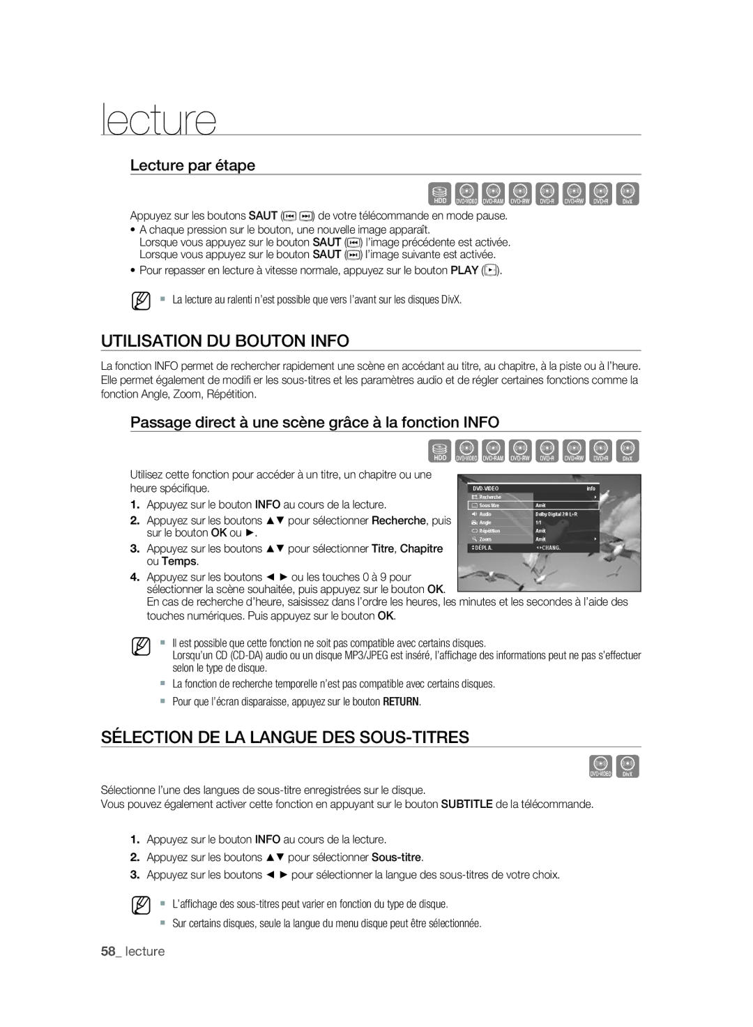 Samsung DVD-SH893A/XEF manual Utilisation DU Bouton Info, Sélection DE LA Langue DES SOUS-TITRES, Lecture par étape 