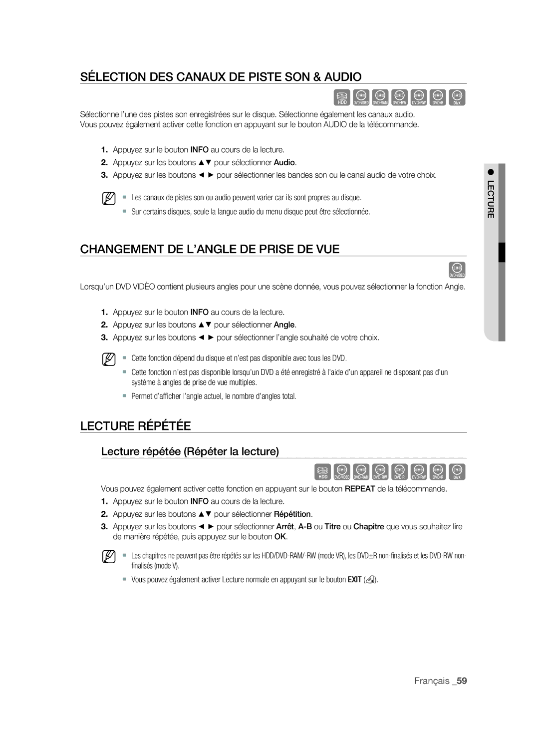 Samsung DVD-SH897A/XEF Sélection DES Canaux DE Piste SON & Audio, Changement DE L’ANGLE DE Prise DE VUE, Lecture Répétée 