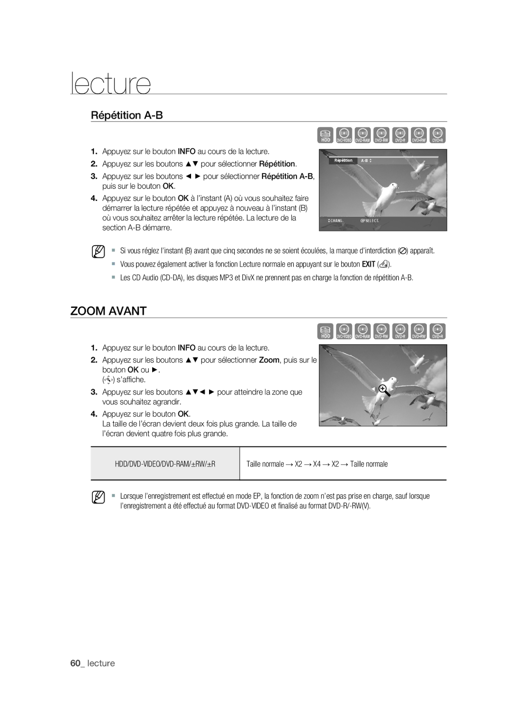 Samsung DVD-SH895A/XEF, DVD-SH893A/XEF manual Zoom Avant, Répétition A-B, Bouton OK ou ’afﬁ che Appuyez sur les boutons 