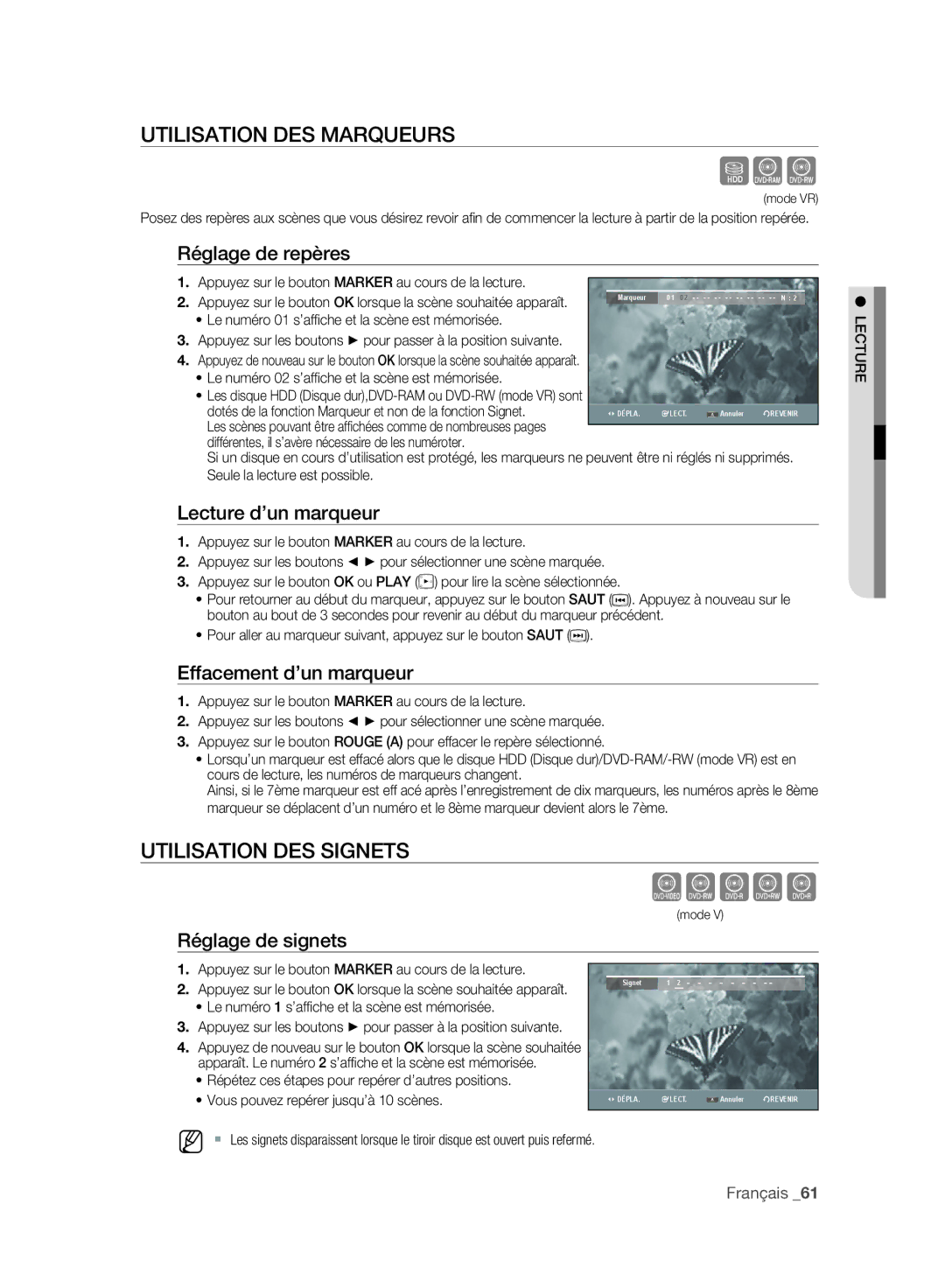 Samsung DVD-SH893A/XEF, DVD-SH895A/XEF, DVD-SH897A/XEF manual Utilisation DES Marqueurs, Utilisation DES Signets 