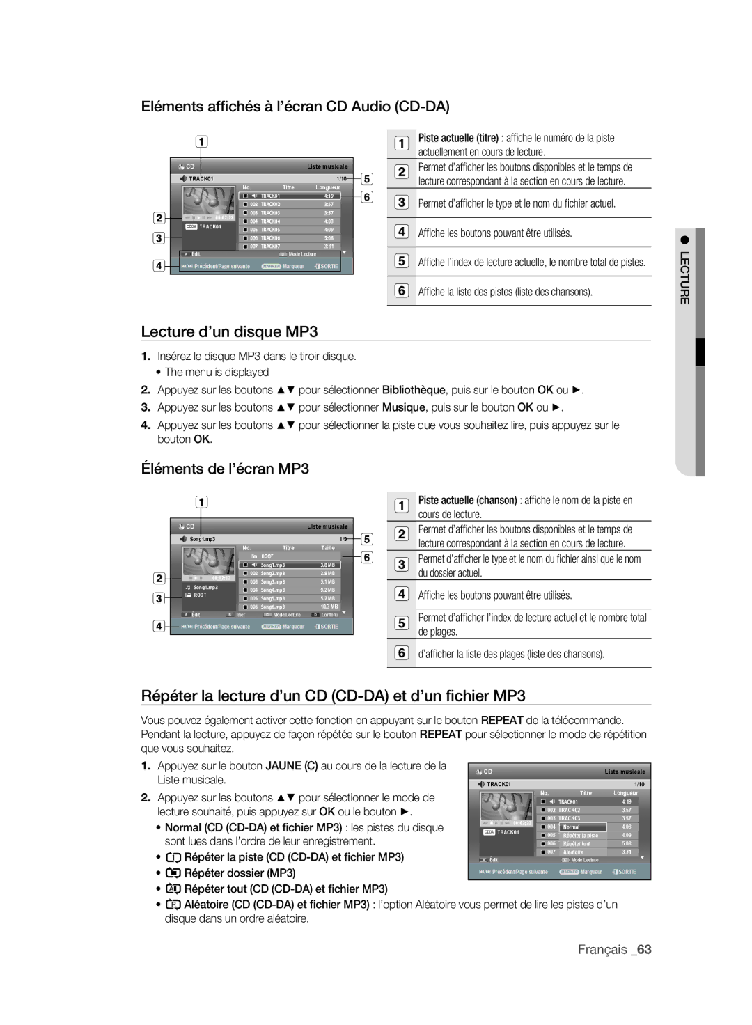 Samsung DVD-SH895A/XEF manual Eléments afﬁchés à l’écran CD Audio CD-DA, Lecture d’un disque MP3, Éléments de l’écran MP3 