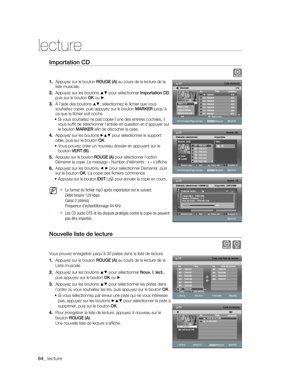 Samsung DVD-SH893A/XEF, DVD-SH895A/XEF manual Importation CD, Nouvelle liste de lecture, Pas, appuyez sur les boutons 