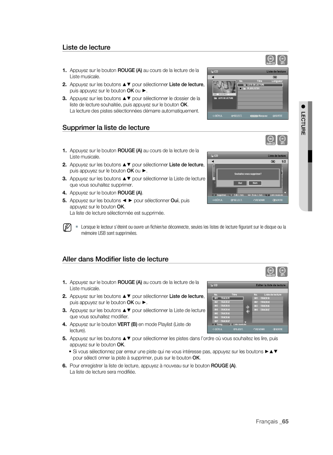 Samsung DVD-SH897A/XEF manual Liste de lecture, Supprimer la liste de lecture, Aller dans Modiﬁer liste de lecture 