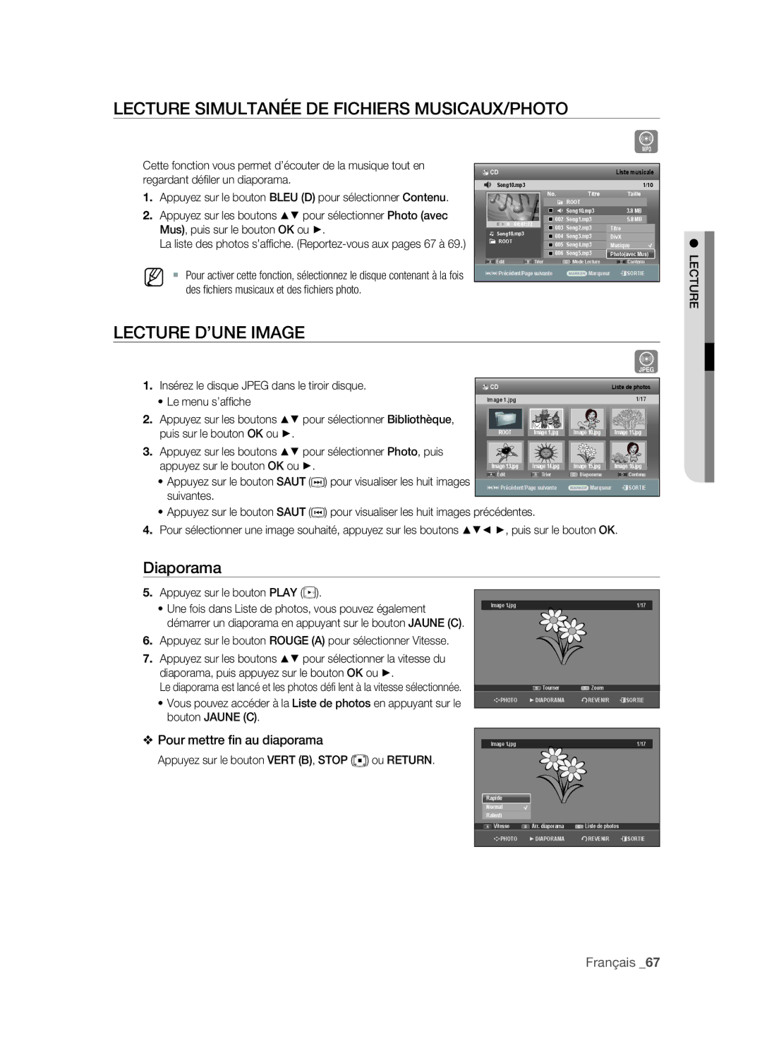 Samsung DVD-SH893A/XEF, DVD-SH895A/XEF manual Lecture Simultanée DE Fichiers MUSICAUX/PHOTO, Lecture D’UNE Image, Diaporama 