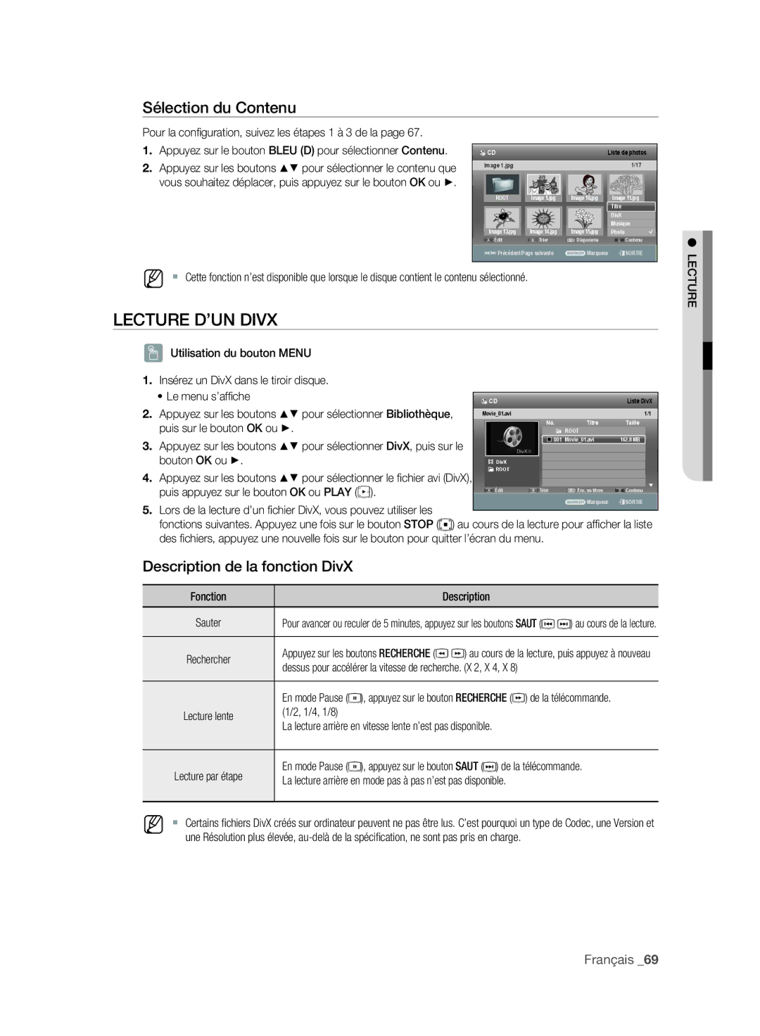 Samsung DVD-SH895A/XEF, DVD-SH893A/XEF manual Lecture D’UN Divx, Description de la fonction DivX, Le menu s’afﬁ che 