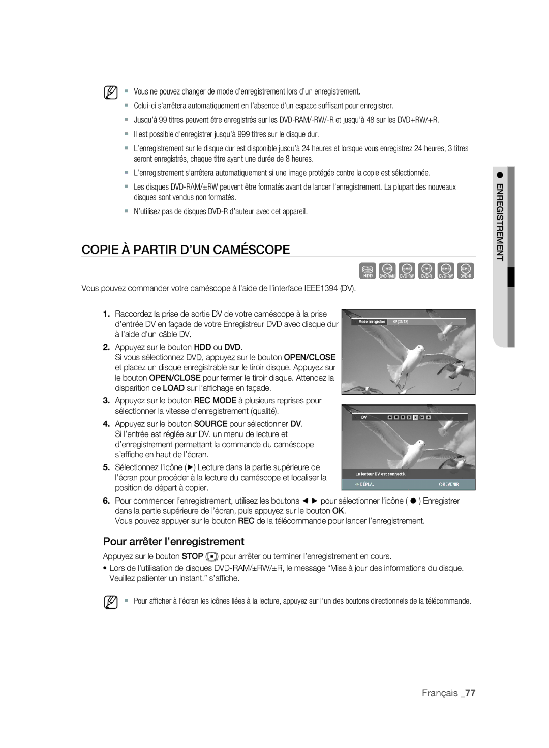 Samsung DVD-SH897A/XEF, DVD-SH895A/XEF Copie À Partir D’UN Caméscope, ’aide d’un câble DV Appuyez sur le bouton HDD ou DVD 