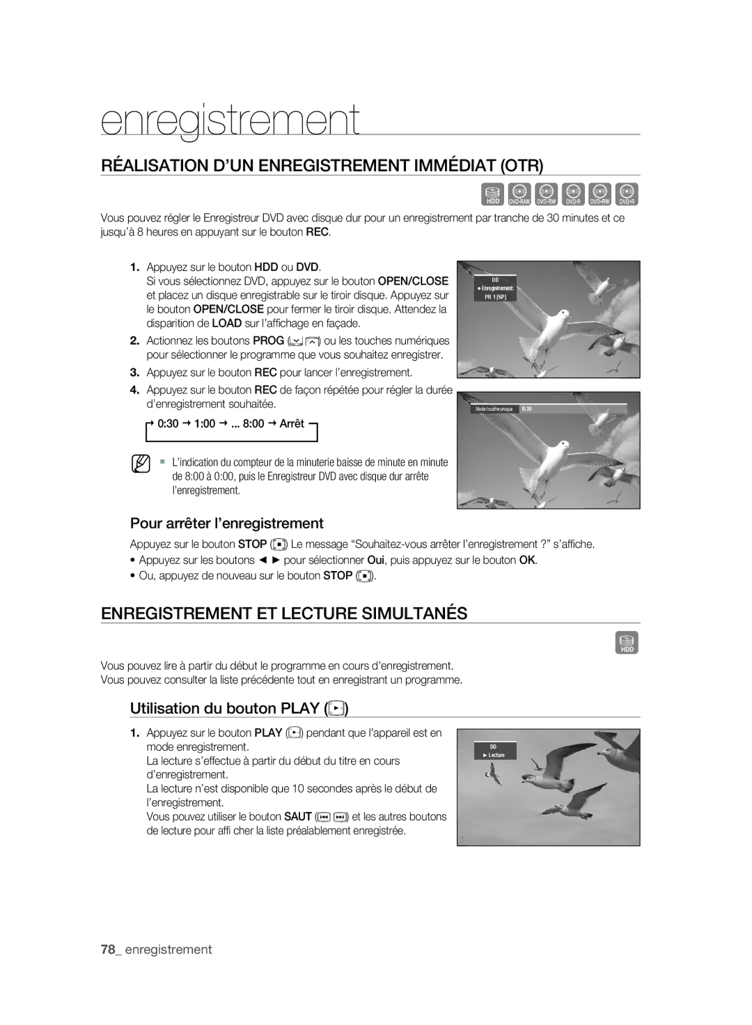 Samsung DVD-SH895A/XEF, DVD-SH893A/XEF Réalisation D’UN Enregistrement Immédiat OTR, Enregistrement ET Lecture Simultanés 