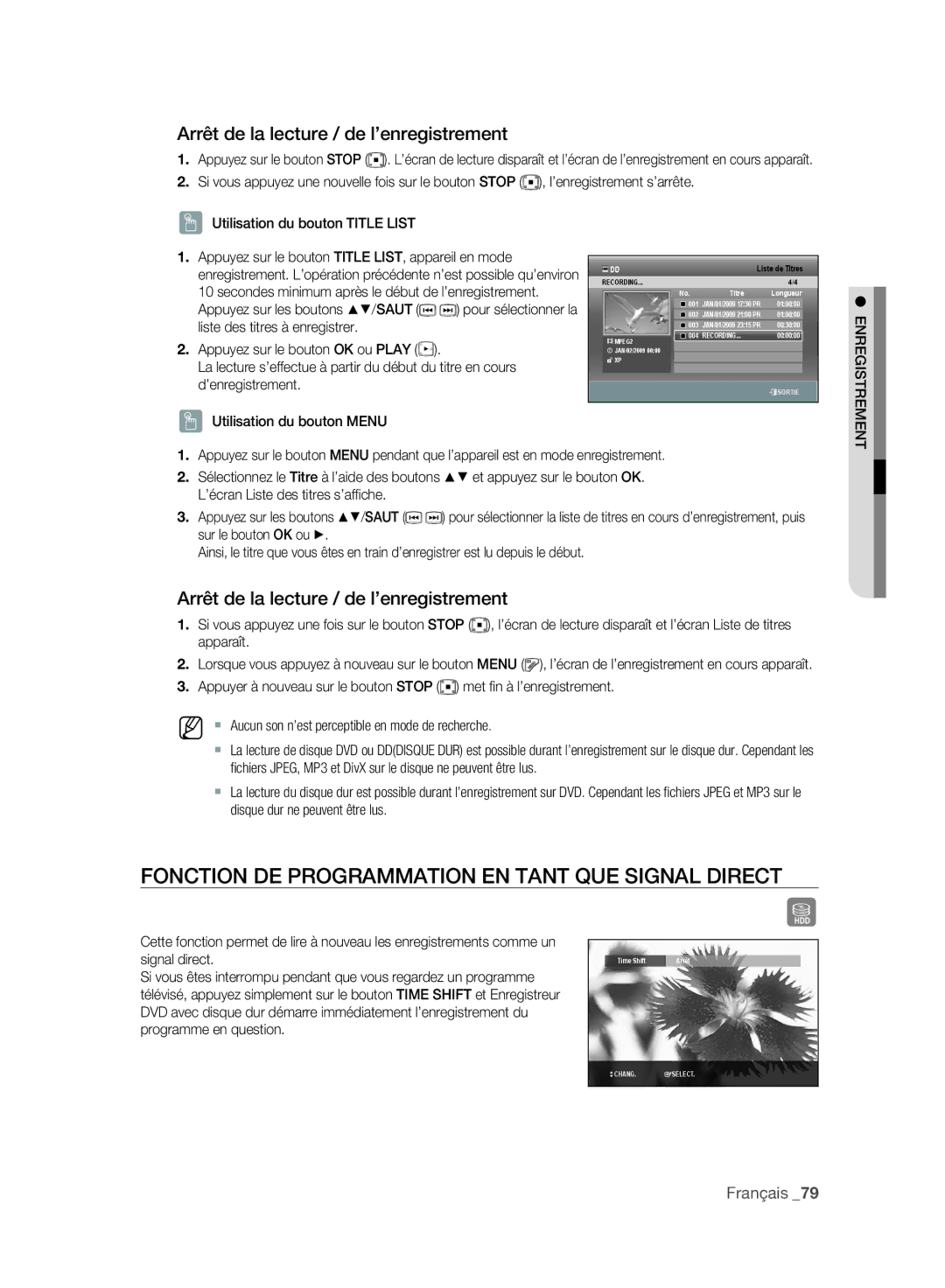 Samsung DVD-SH893A/XEF Fonction DE Programmation EN Tant QUE Signal Direct, Arrêt de la lecture / de l’enregistrement 