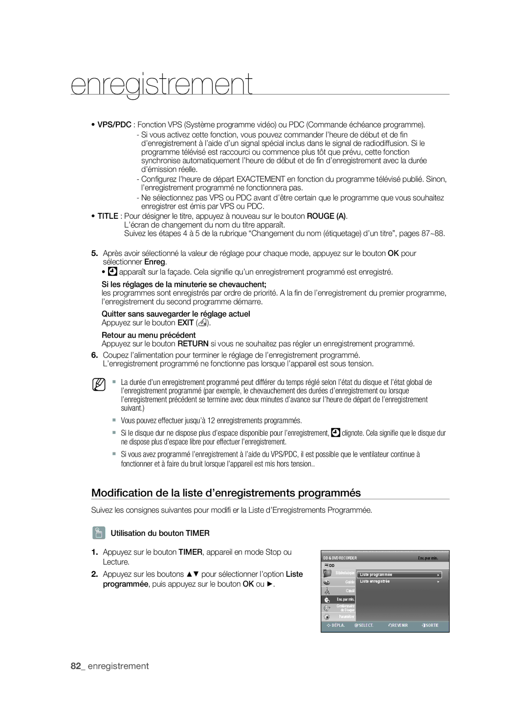 Samsung DVD-SH893A/XEF, DVD-SH895A/XEF, DVD-SH897A/XEF manual Modiﬁcation de la liste d’enregistrements programmés, Lecture 