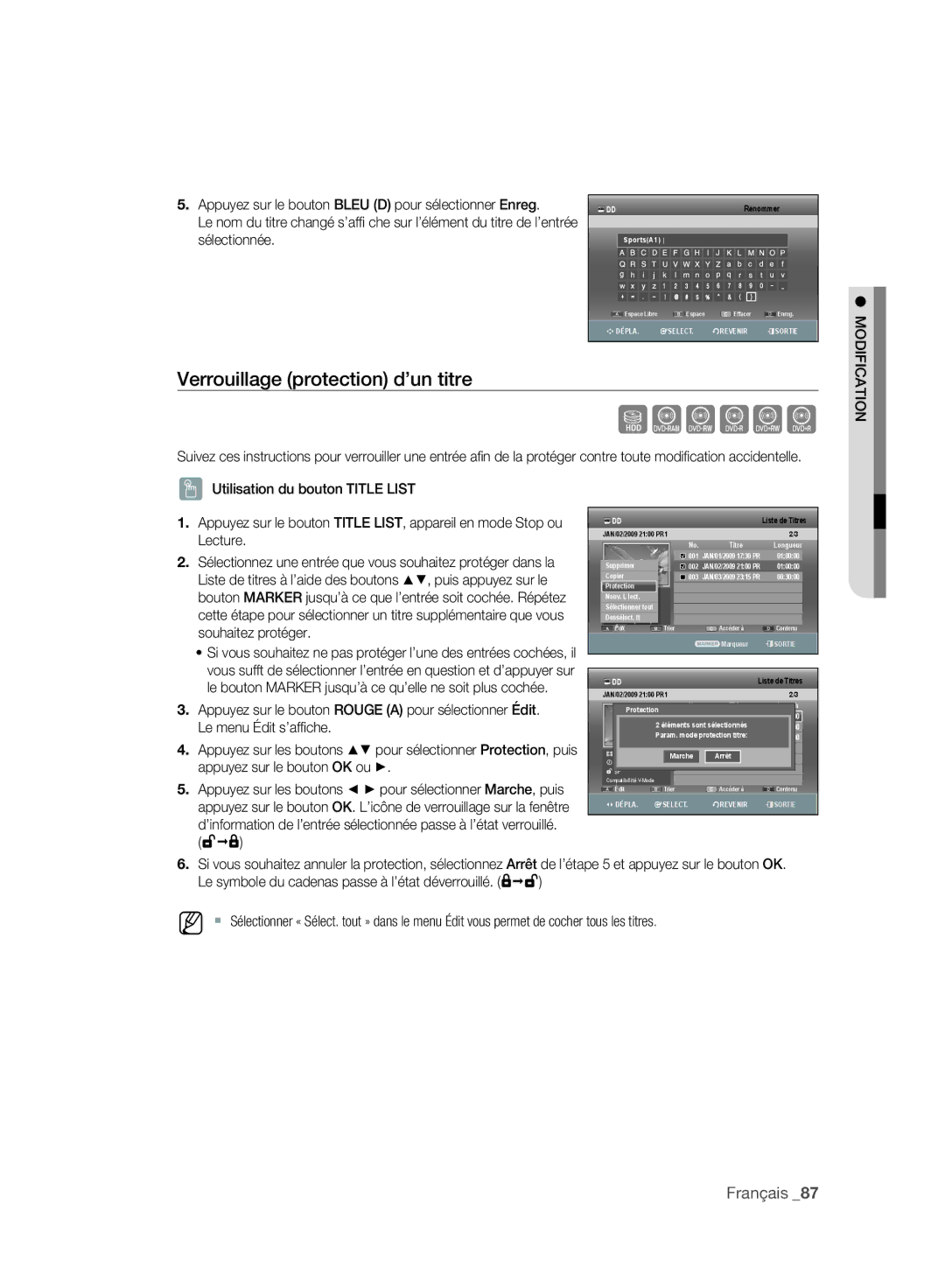 Samsung DVD-SH895A/XEF, DVD-SH893A/XEF, DVD-SH897A/XEF manual Verrouillage protection d’un titre, Sélectionnée, Modification 