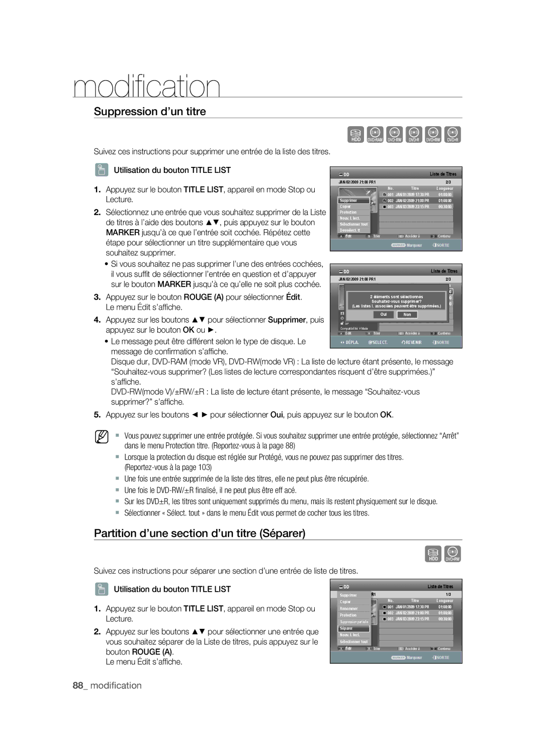 Samsung DVD-SH893A/XEF, DVD-SH895A/XEF, DVD-SH897A/XEF Suppression d’un titre, Partition d’une section d’un titre Séparer 