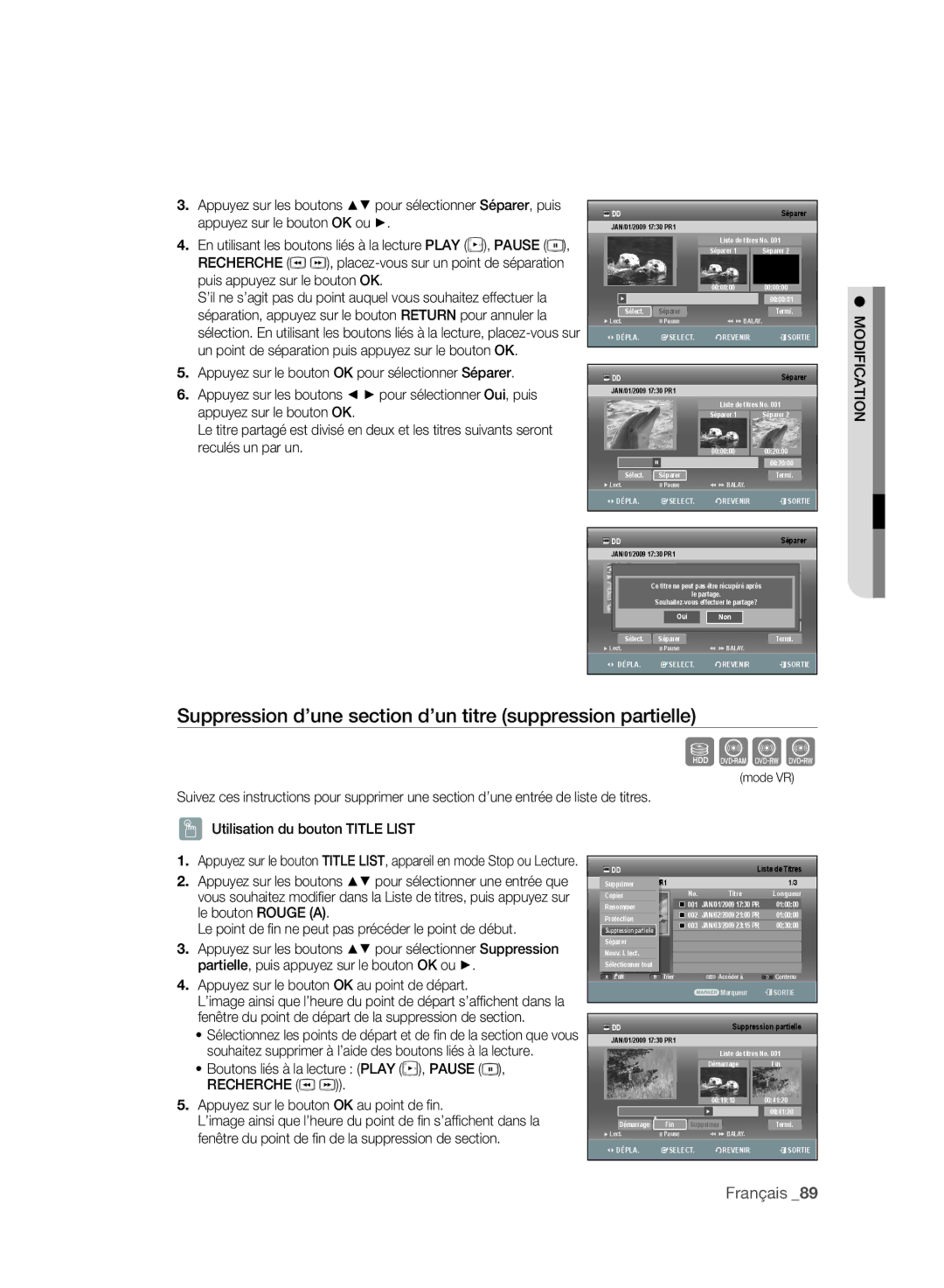 Samsung DVD-SH897A/XEF, DVD-SH895A/XEF, DVD-SH893A/XEF manual Suppression d’une section d’un titre suppression partielle 