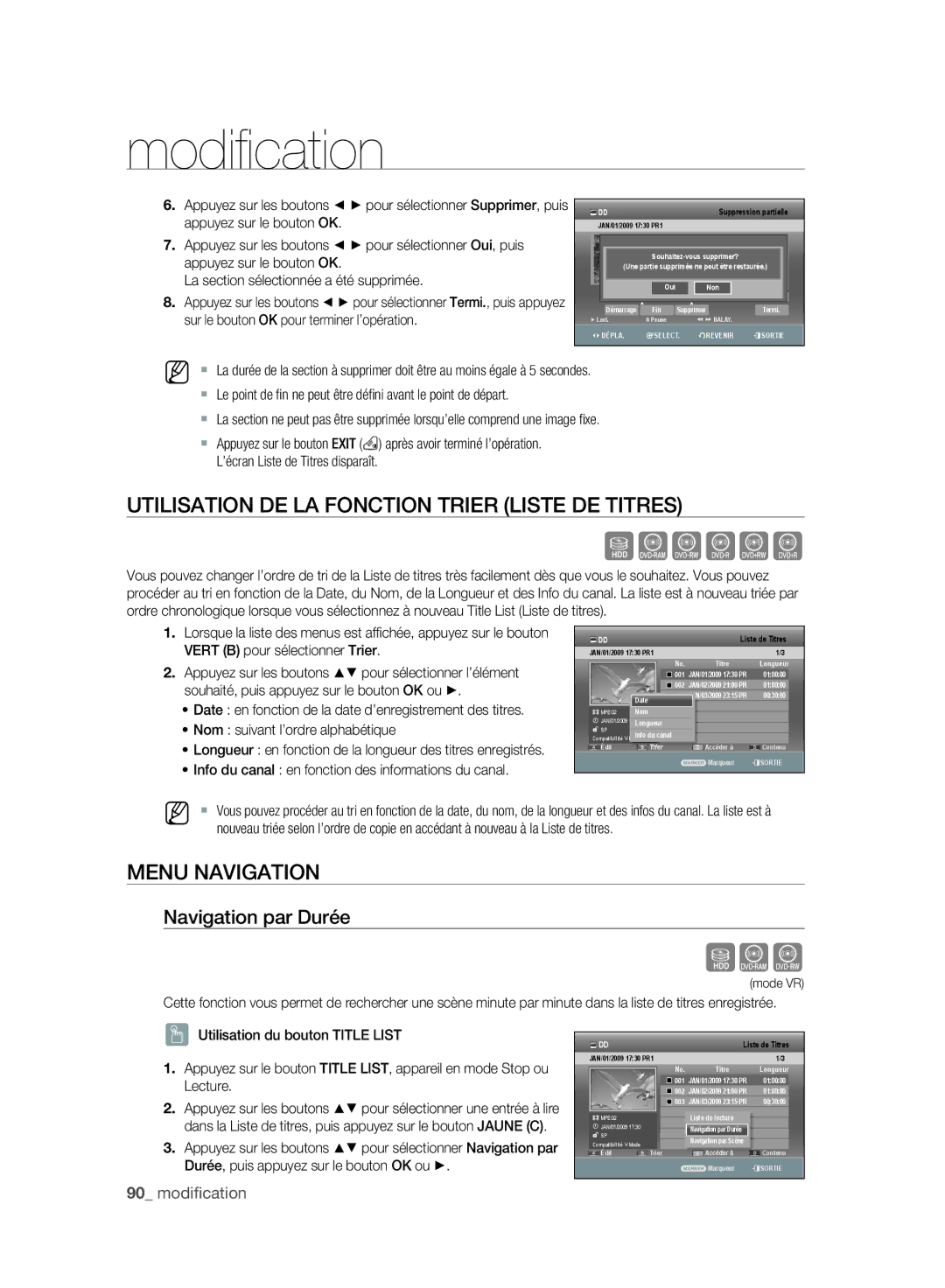 Samsung DVD-SH895A/XEF manual Utilisation DE LA Fonction Trier Liste DE Titres, Menu Navigation, Navigation par Durée 