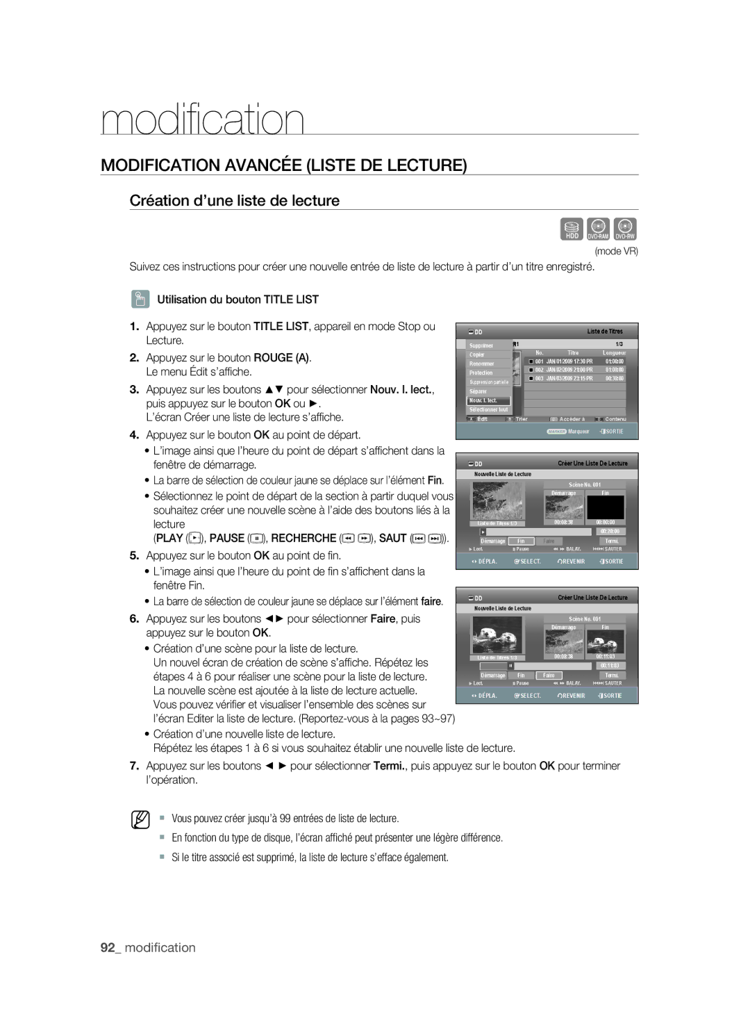 Samsung DVD-SH897A/XEF, DVD-SH895A/XEF manual Modification Avancée Liste DE Lecture, Création d’une liste de lecture 