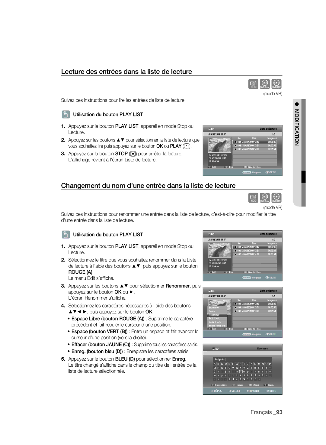 Samsung DVD-SH895A/XEF manual Lecture des entrées dans la liste de lecture, Rouge a, Puis appuyez sur le bouton OK 