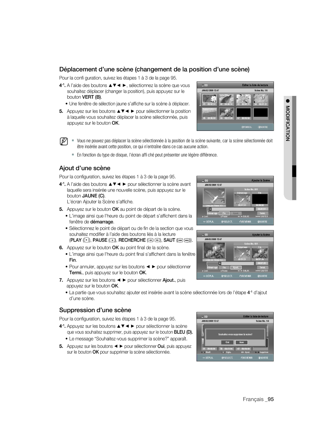 Samsung DVD-SH897A/XEF manual Ajout d’une scène, Suppression d’une scène, Bouton Jaune C ’écran Ajouter la Scène s’afﬁ che 