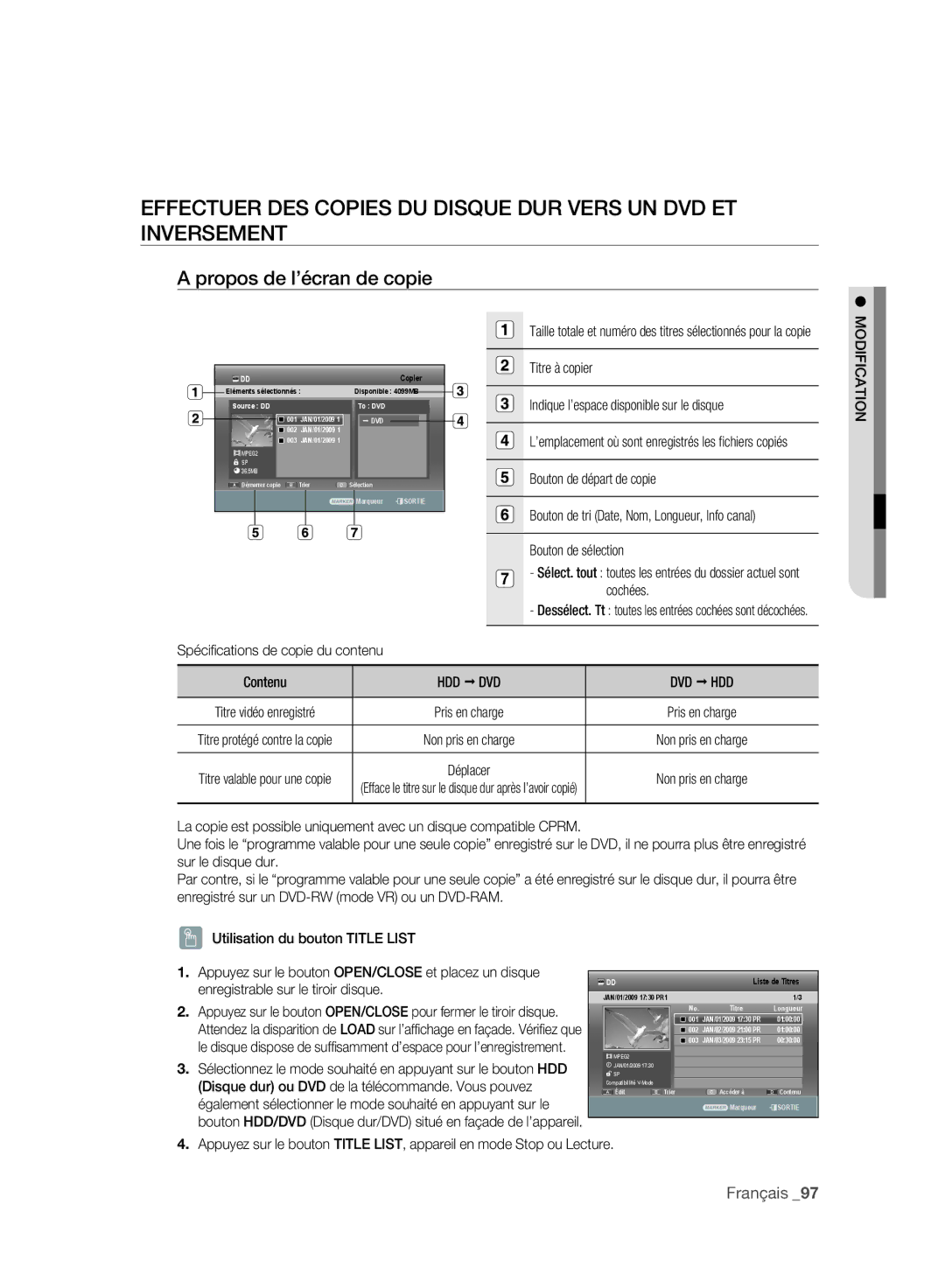 Samsung DVD-SH893A/XEF manual Propos de l’écran de copie, Titre à copier Indique l’espace disponible sur le disque 