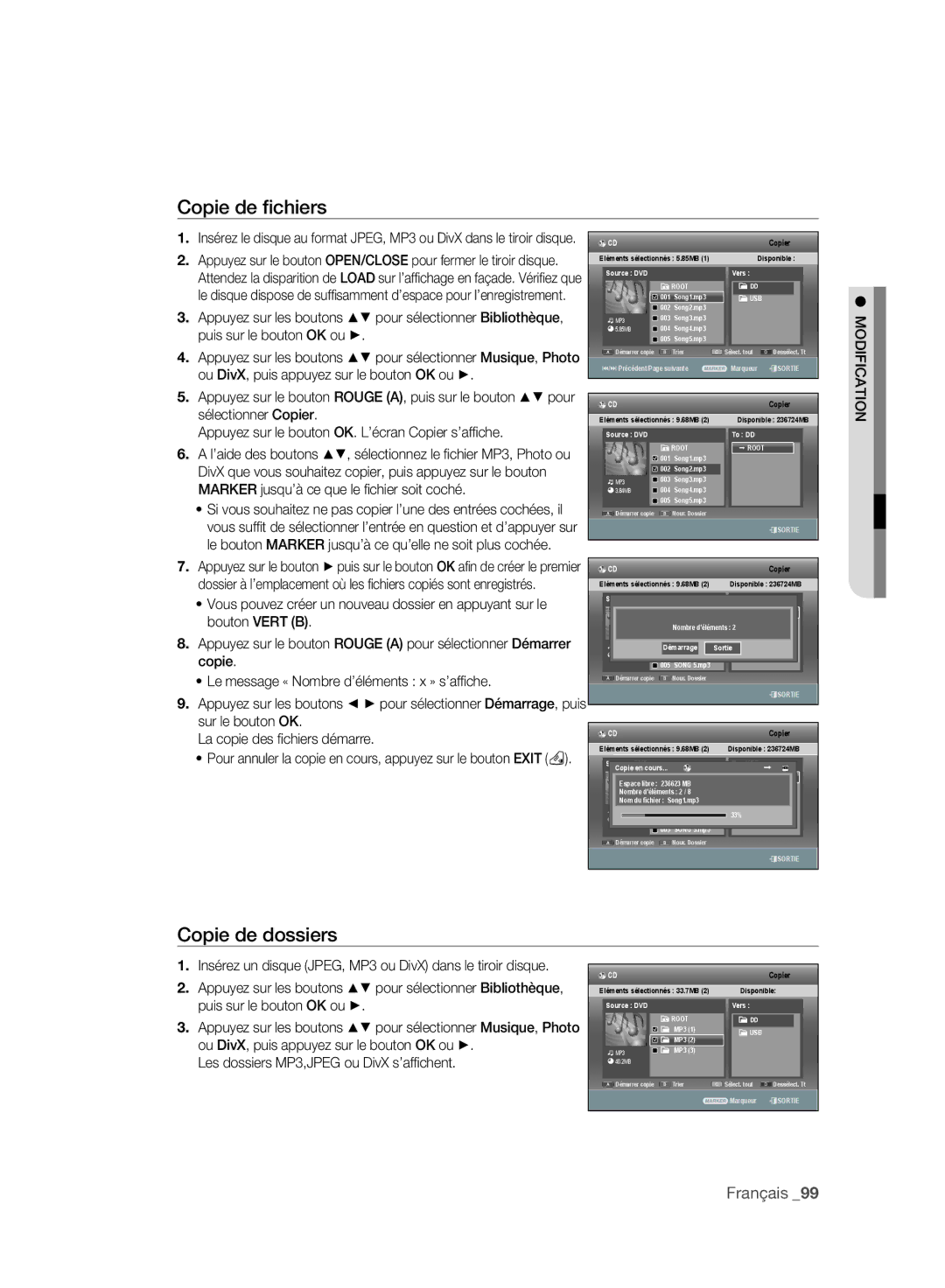 Samsung DVD-SH895A/XEF Copie de ﬁchiers, Copie de dossiers, Ou DivX, puis appuyez sur le bouton OK ou, ’aide des boutons 