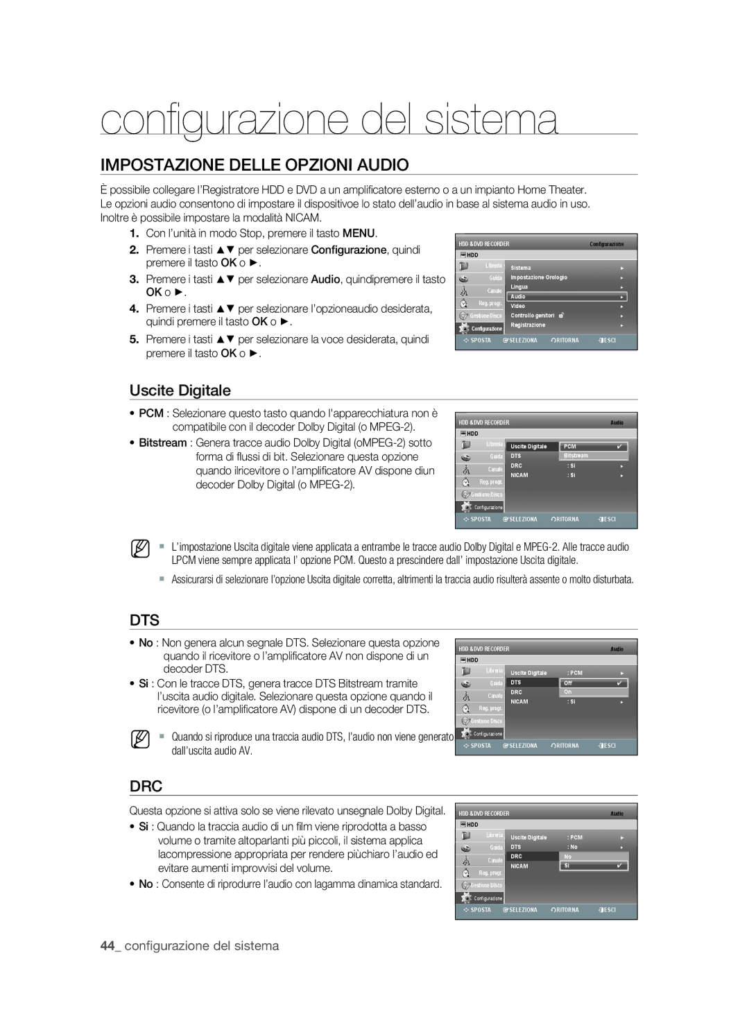 Samsung DVD-SH895/XET, DVD-SH895A/XEF Impostazione Delle Opzioni Audio, Uscite Digitale, Quindi premere il tasto OK o 